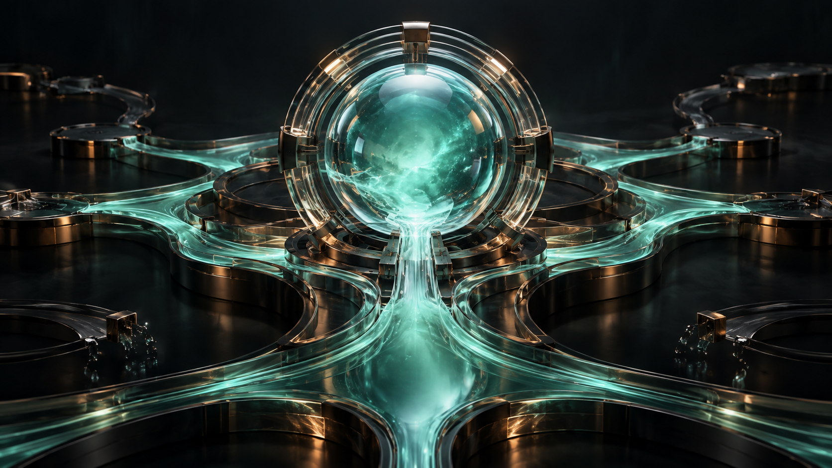 Editorial illustration of teal light flowing from one central reserve into connected market channels