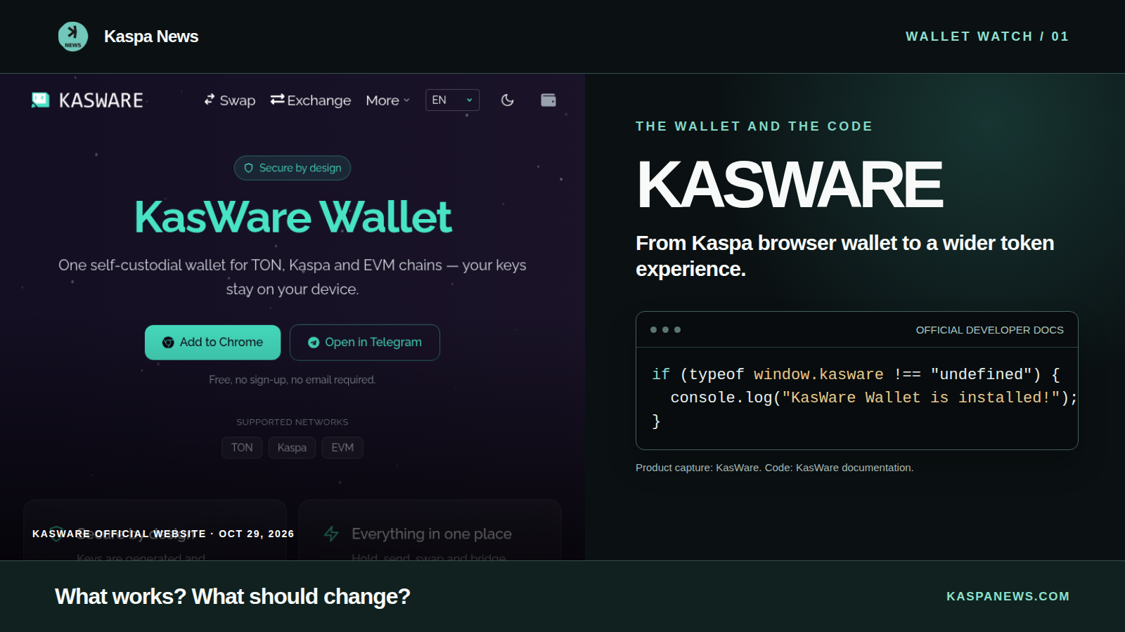 KasWare's official website alongside an excerpt of its browser integration documentation